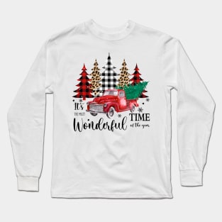 It's the most wonderful time of the year; old truck; pick up truck; pine trees; Xmas; Christmas; tree; trees; snow; snowflakes; chevy; beautiful; Long Sleeve T-Shirt